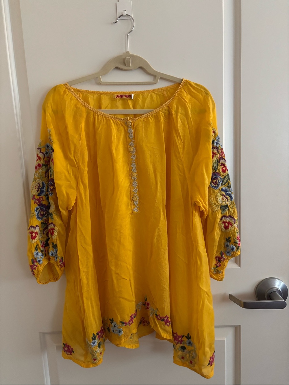 Johnny Was Floral Embroidered Yellow Peasant Blouse - Women's Boho Top